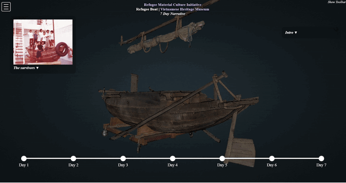 Animated visualization of a Vietnamese refugee family's maritime journey across the Pacific Ocean